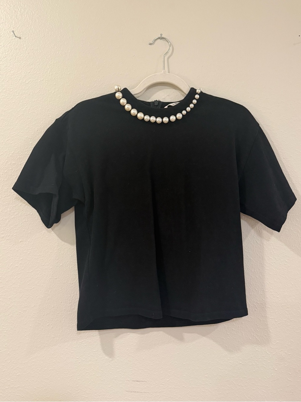 Pearl-Trim Black Short Sleeve Cotton Top